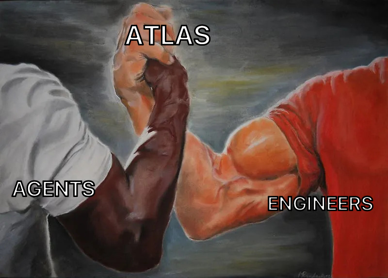 Meme of the Predator handshake: agents on one arm, engineers on the other, Atlas written across the clasped hands